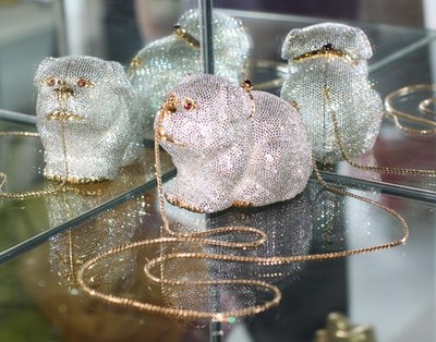 JUDITH LEIBER BULLDOG PUG CLEAR GOLD DOG SWAROVSKI CRYSTAL