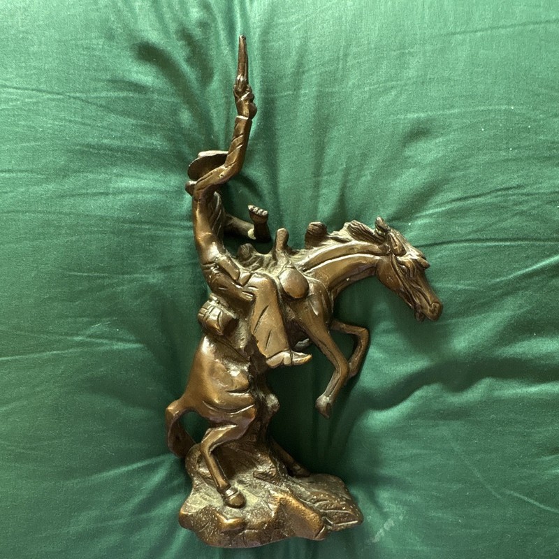 Bronze Western Americana Cowboy on Rearing Horse Statue w/ Raised Gun