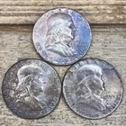 3x 90% Silver MS Blueberry Toned Franklin Half Dollar Coins 1953, 1956, 1957