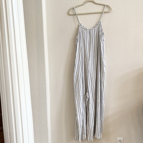 Nordstrom Linen Blend Size Large Blue White Striped Wide Leg One Piece Jumpsuit - 第 13/13 張圖片