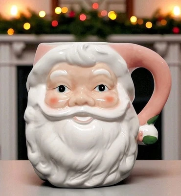 Transpac Pastel Pink Retro Christmas Santa Mug 30 OZ NEW RARE Holiday