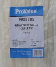 36" Cable Zip Ties Natural Heavy Duty Duct Straps 175lb Load 50 Pieces/Bag