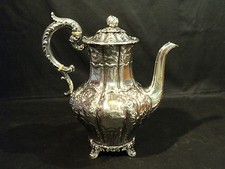 MID-19th C. JOHN WALTON ENGLAND STERLING SILVER REPOUSSE COFFEE POT