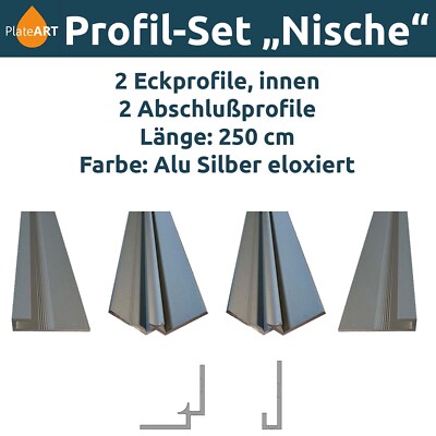 PlateART Aluprofil Set Nische Silber Leiste Rückwand Profil Duschrückwand Küche