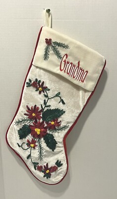 Grandma Christmas Holiday Stocking Embroidery Decorated Floral Cream Red Green