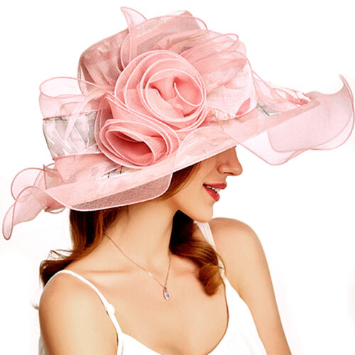 Women Oganza Sun Hat Wide Brim Wedding Fascinator Hats Church Kentucky Derby - Afbeelding 1 van 10