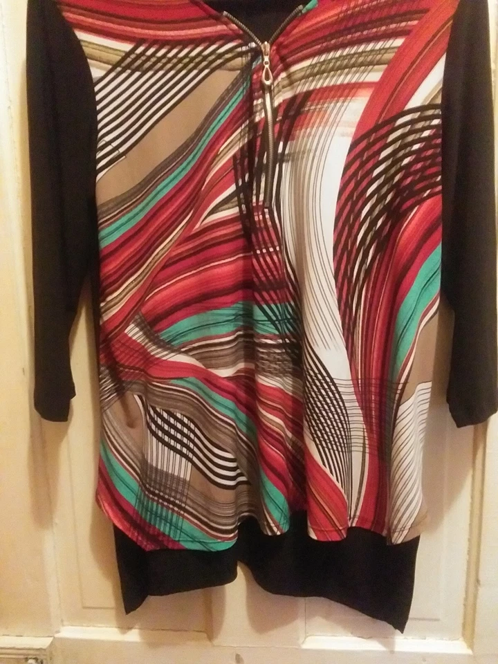 Cato Womans Tunic Size S 3/4 Sleeve 1/4 Zip Black Teal Red Tan White Stripe  - Image 3 of 4