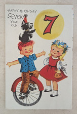 Vtg 1960's Age 7 Seven Circus Puppy Boy Girl Birthday Used Greeting Card (EB9849