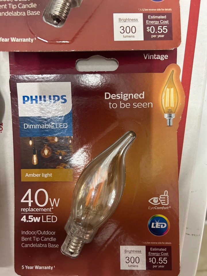 4pack Philips 4.5=40w Clear Bent Tip Candelabra Dimmable LED Amber