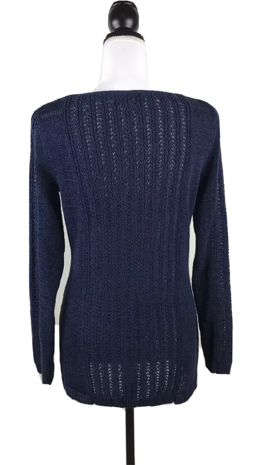 RACHEL ZOE Sweater Open Weave Dark Blue Knit SZ MEDIUM Long Sleeves Cotton Tunic - Image 2 of 4
