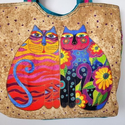 Vtg 90s Y2k Folk Art Cats Felines Kitten Canvas Tote Bag Zip Closed Laurel Burch
