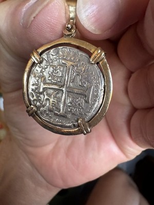 ATOCHA Silber Münze Anhänger in 14k Gold Einfassung Handarbeit aus Atocha Silber