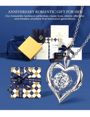 NEW Beam & Bask 2 Ct Moissanite Heart Necklace, 18K Gold Plated  925 Sterling 