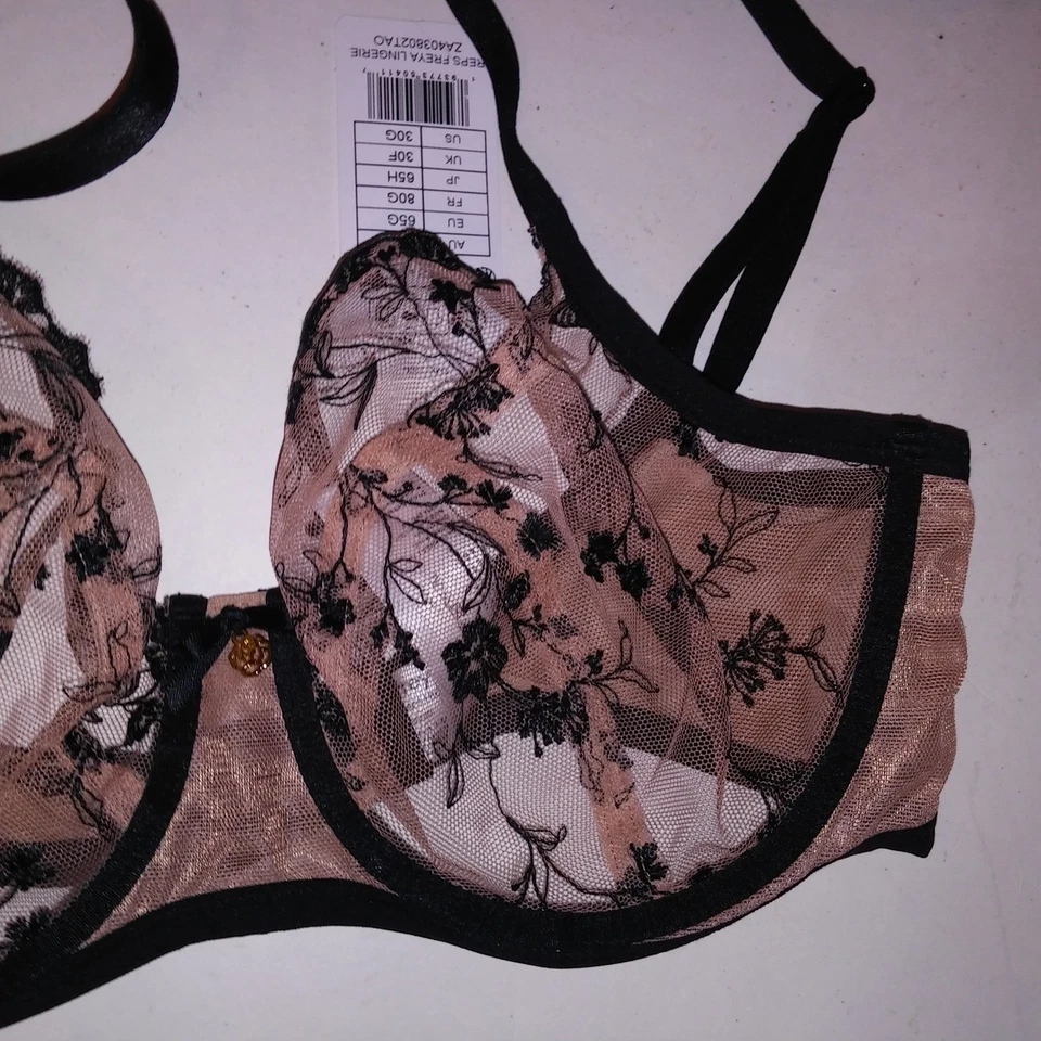 Sujetador Freya US 30G Negro Beige Bordado Floral Sin Forro Con Aros Nuevo Foto 4 de 4