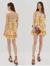 Farm Rio Aura Floral Ruffle Mini Dress Womens Sz L Yellow Orange Lined NWT