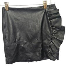 Express Black Faux Leather Ruffle Mini Skirt Size 00 Back Zip Vegan Leather