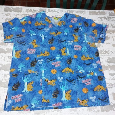 Scooby-Doo Nursing Scrub Top Uniform Halloween Pockets Blue Sz Lg Scared Silly!