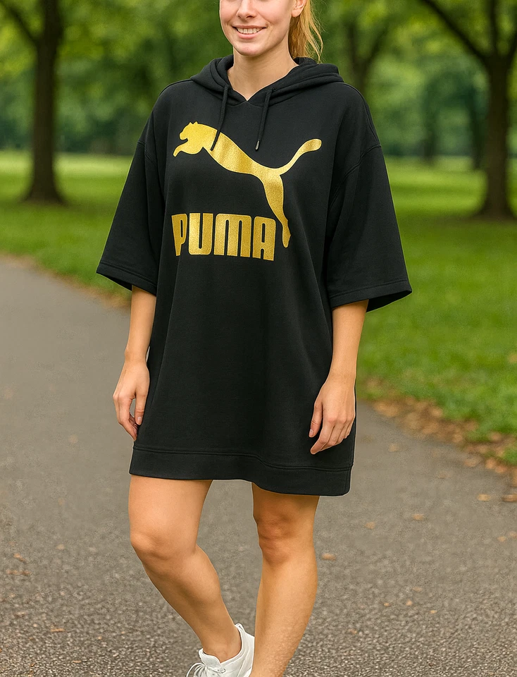 VESTIDO CON CAPUCHA PUMA GLAM OVERSIZE XL Negro con Logo Metálico Dorado Deportivo Informal Foto 2 de 4