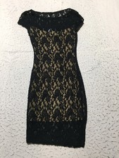 B. Darlin Dress Womens 3/4 Black Lace Overlay Short Sleeve Nude Slip Made in USA