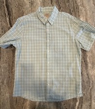 LL Bean Mens Organic Trad Fit Short Sleeve Plaid Seersucker Shirt Turquoise M