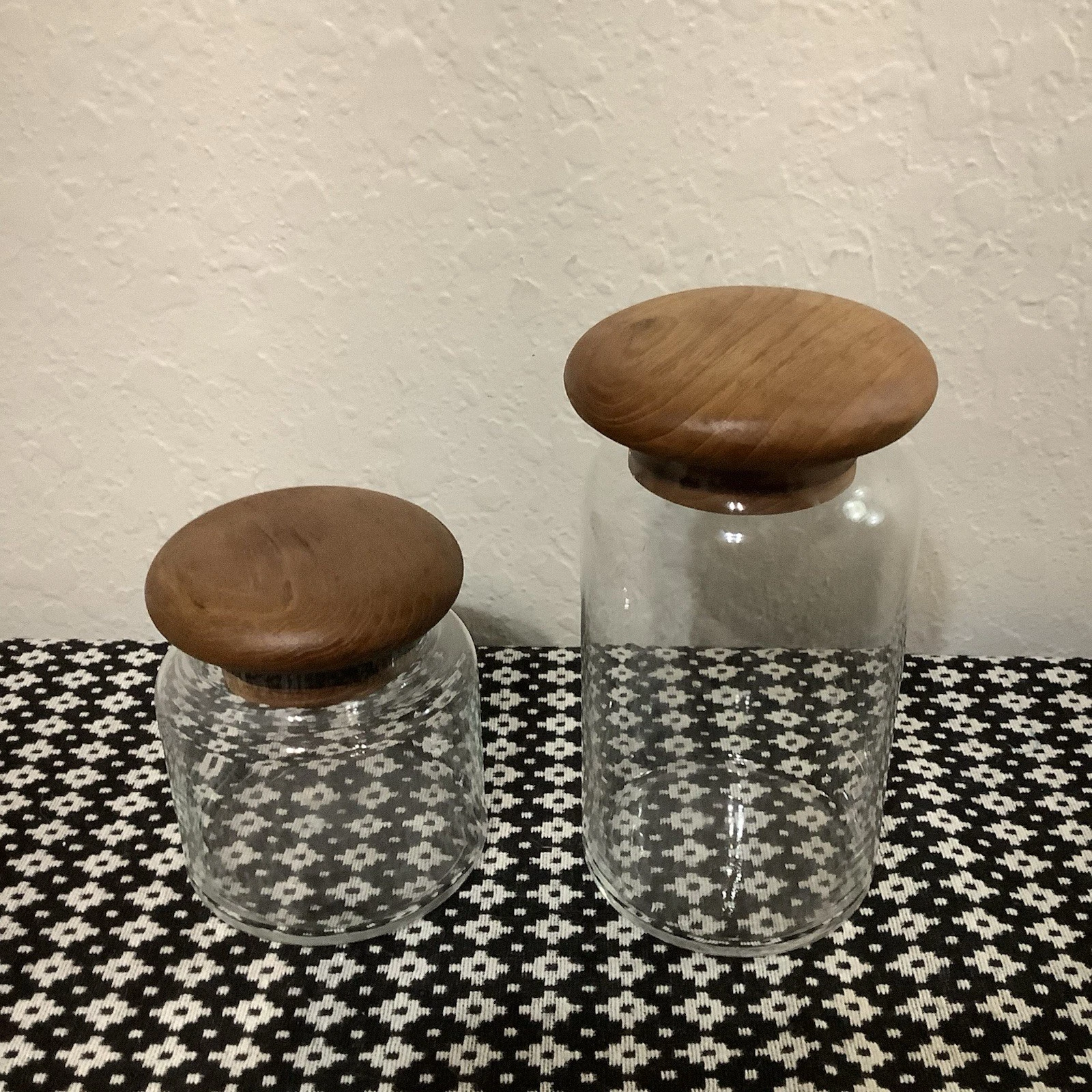 (2) Vintage Canister Jar Set Solid Wood Lid & Clear Glass Mushroom Shape 5", 7"