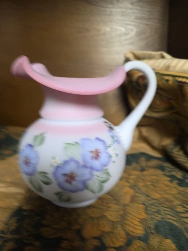 Fenton Art Glass LE Blue Burmese Pitcher Hand Painted
