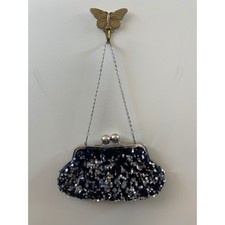 Silver Black Sequin Evening Clutch Bag Kiss Lock Satin Back Detachable Chain