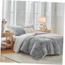 Gray Faux Fur Comforter Set 3 Pieces - 1 Shaggy Comforter King Light - Grey