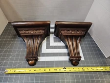 2 pc Decorative Pediment Wall Shelf Ornate Dark Brown w/ Gold Accent Trim