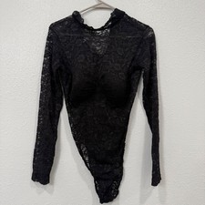 Vintage Victorias Secret Gold Label Black Floral Lace Bodysuit Long Sleeve L USA