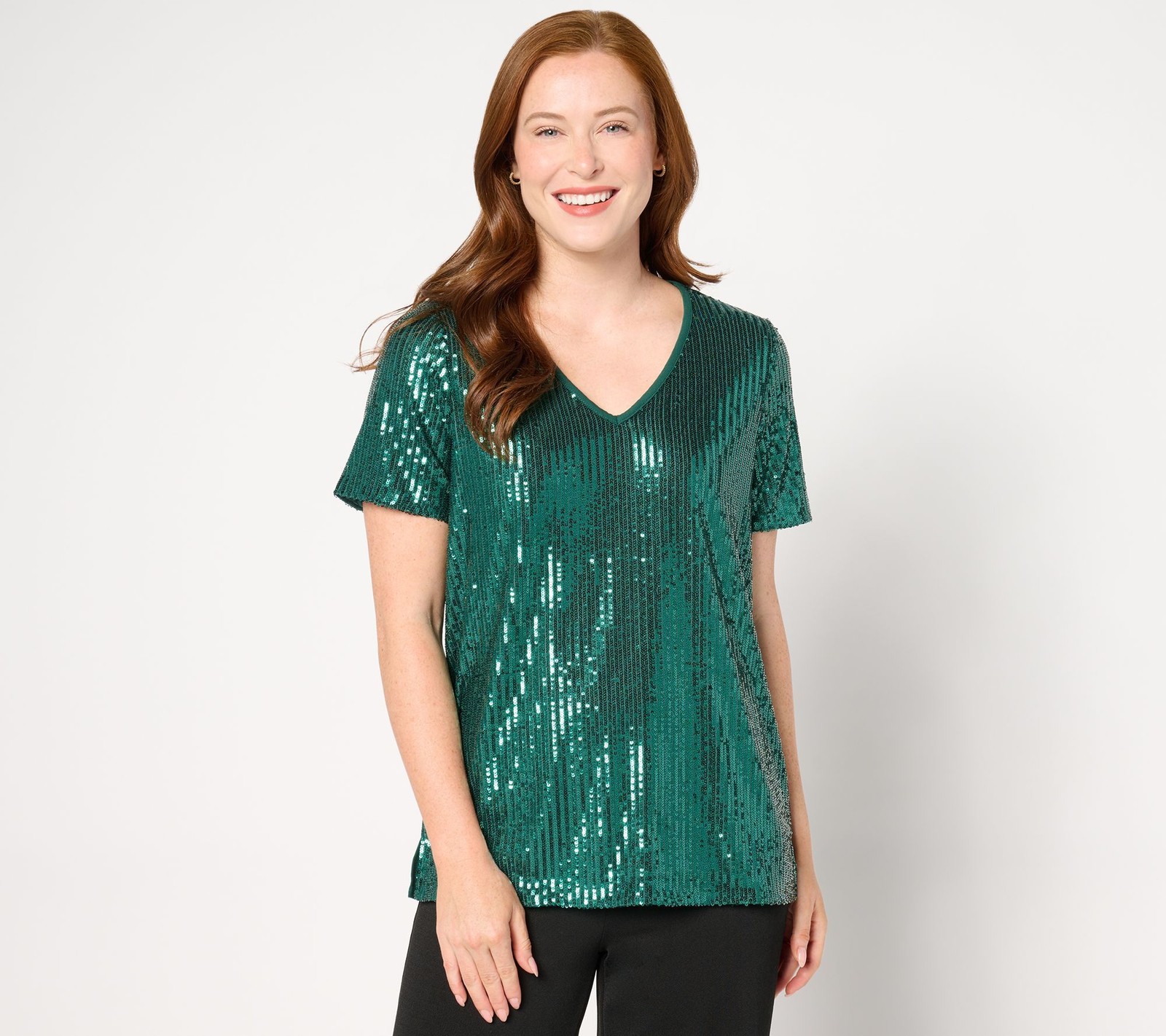 Belle by Kim Gravel Women's Top Plus Sz 4X Sequin Front Knit Back Green A670908