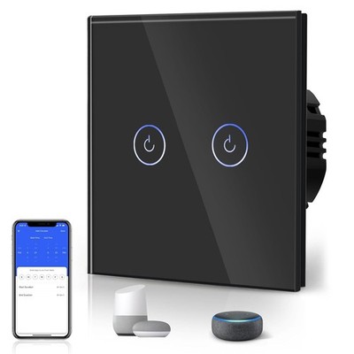 BSEED Touch WLAN Lichtschalter 2-fach 1-Weg Schwarz Glas Neutralleiter erforderl