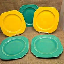 Lot/5 Homer Laughlin RIVIERA LUNCHEON PLATES ~ 8 7/8" ~ Green & Yellow
