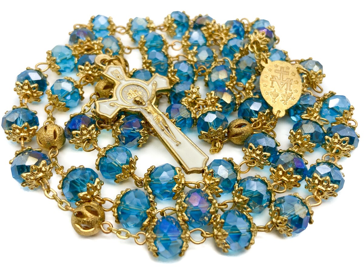 Light Blue Crystal Beads Rosary Necklace Catholic St Benedict