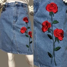 Vintage 90's Denim Skirt w/Floral Roses Embroidery  Crystal Trim Size M/L