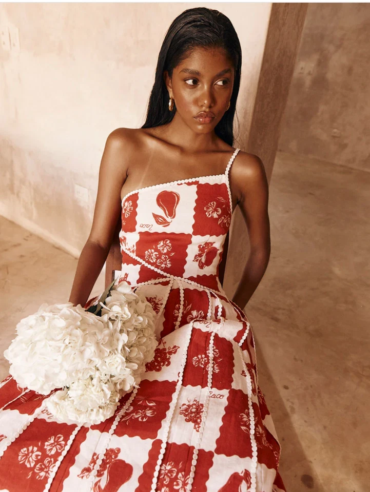 Maxi Falda Sabo Vestido Zaco Kyoho Talla Grande Un Hombro Lino Rojo Largo Foto 3 de 4