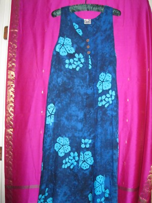 EXTRA LONG, BLUE  & TURQ. FLOWER PRINT, S/L DRESS, RAYON, SZ. M./L.
