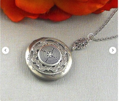 Labyrinth Locket Silver Necklace Religious metaphysical Medieval Maze Locket 