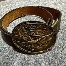 American Pride Belt Mens 36 Brown Top Grain Tan Leather Eagle Buckle Made USA