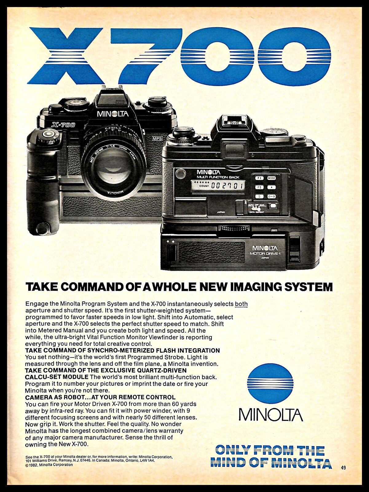 1982 Minolta X-700 35mm Single Lens Reflex Film Camera Vintage PRINT AD  1980s