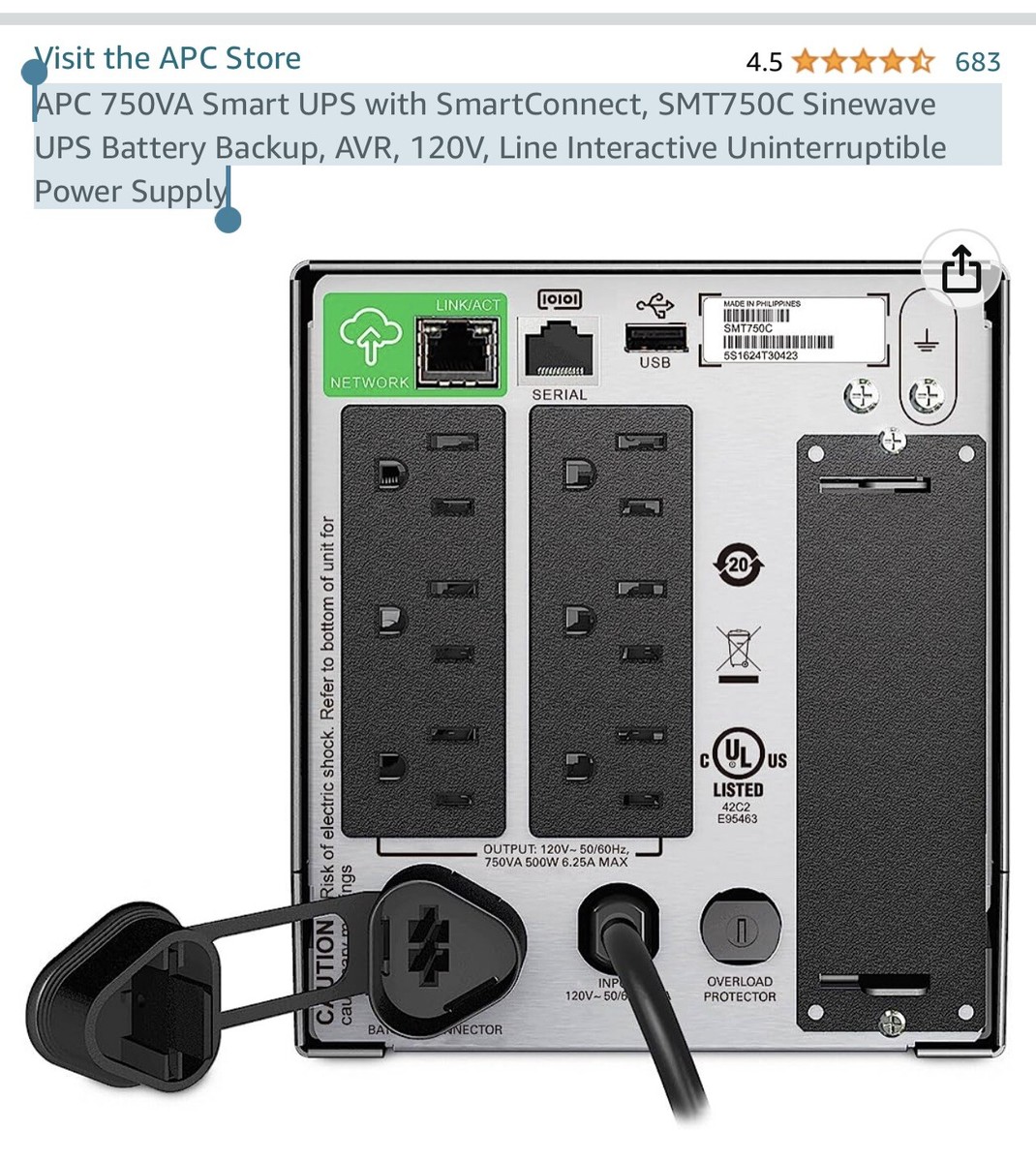 APC 750VA Smart UPS SmartConnect, SMT750C Sinewave UPS Battery