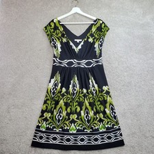 Sandra Darren Fit & Flare Dress Womens 10 Green Multi Floral Ikat Geometric Boho