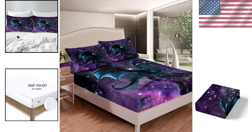 Breathable Kids' Bedding Set: Twin Size Fitted Sheet & Pillowcase - Dragon Theme - Image 2 of 4