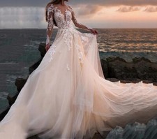 Beach Wedding Dress Illusion Long Sleeve Lace Appliqued A Line Bridal Gown Train