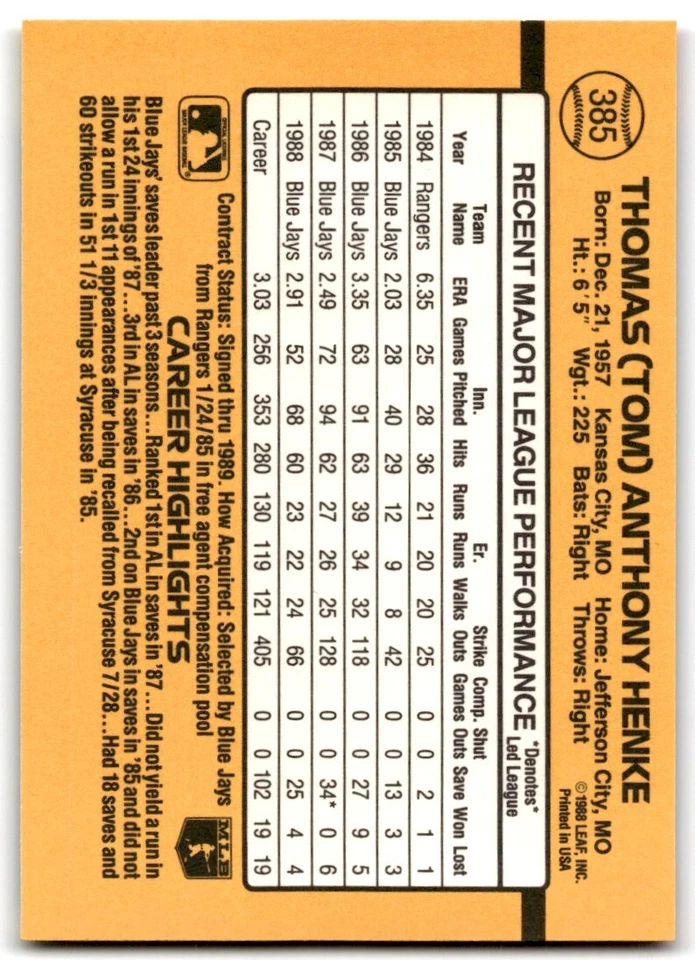 1989 Donruss Tom Henke . Toronto Blue Jays #385 - Image 2 of 2