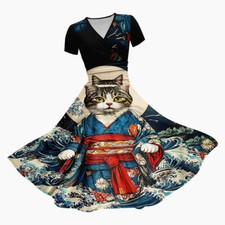 Womens Kimono Cat V Neck Midi Dress Ladies Short Sleeve Summer Beach Sundress