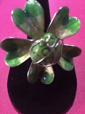 Fashion Green Flower Statement Enamel Adjustable Silver Ring NWT