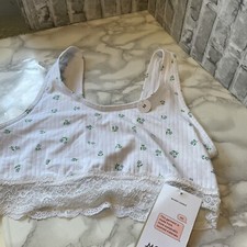 MONKI - WHITE COTTON CROP VEST DITSY FLORAL PRINT MEDIUM BNWT