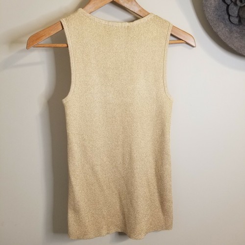 St John Couture Tank Top Ribbed Gold Metallic Sparkle Small Sleeveless Shell EUC - Picture 5 of 5
