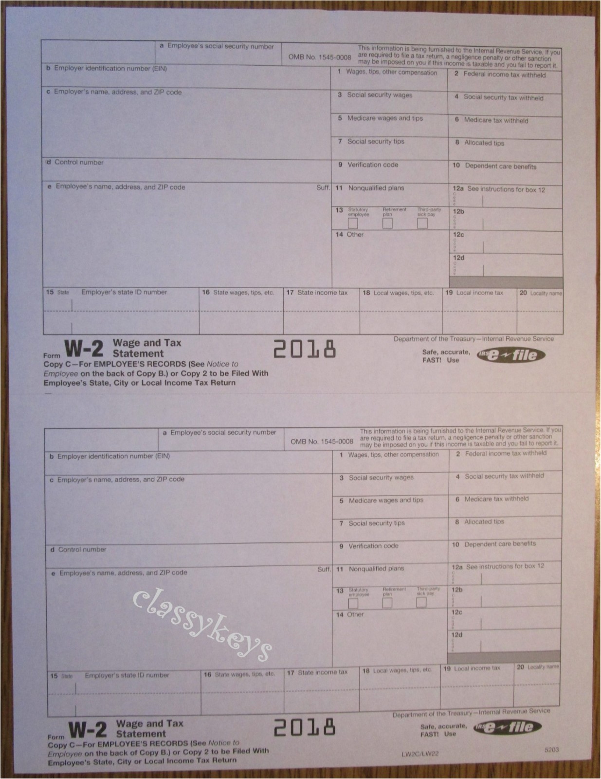 2018 IRS W-2 Wage Statement Forms – Laser/Inkjet, 4 Employees + W-3, QuickBooks Compatible